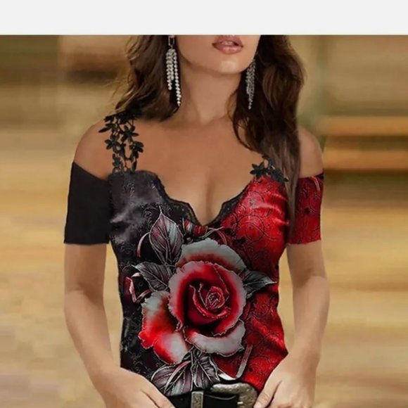 Women's Casual Rose Printed Tops V Neck Off Shoulder short Sleeve T-Shirt Blouse - Picture 5 of 6